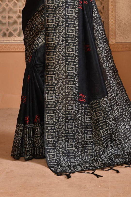 Black Raw Silk Saree With Blouse Piece