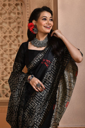 Black Raw Silk Saree With Blouse Piece