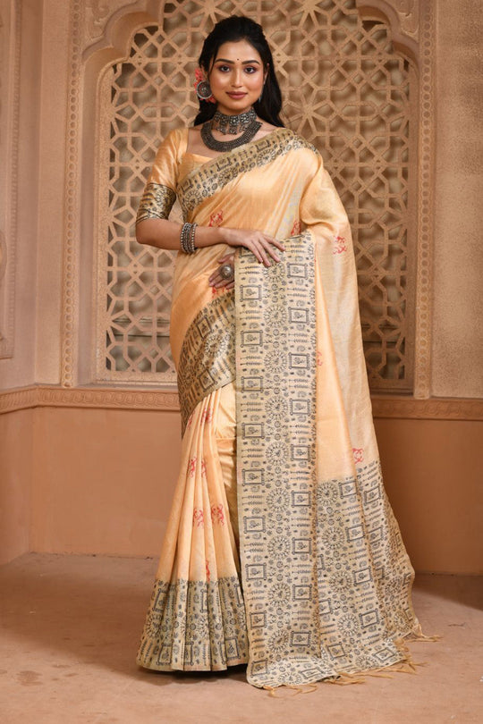 Cream Raw Silk Saree With Blouse Piece