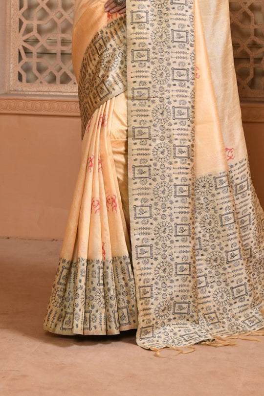 Cream Raw Silk Saree With Blouse Piece