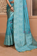 Firozi Blue Raw Silk Saree With Blouse Piece