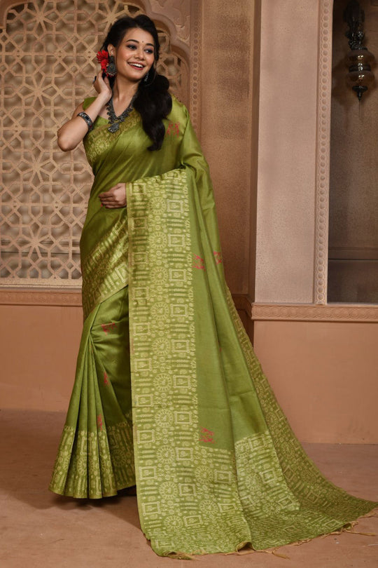 Olive Green Raw Silk Saree With Blouse Piece