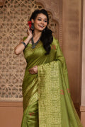 Olive Green Raw Silk Saree With Blouse Piece