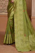 Olive Green Raw Silk Saree With Blouse Piece