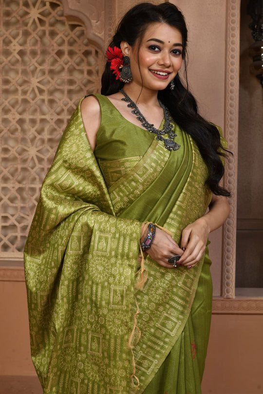 Olive Green Raw Silk Saree With Blouse Piece