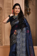 Navy Blue Raw Silk Saree With Blouse Piece