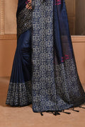 Navy Blue Raw Silk Saree With Blouse Piece