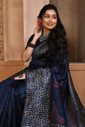 Navy Blue Raw Silk Saree With Blouse Piece