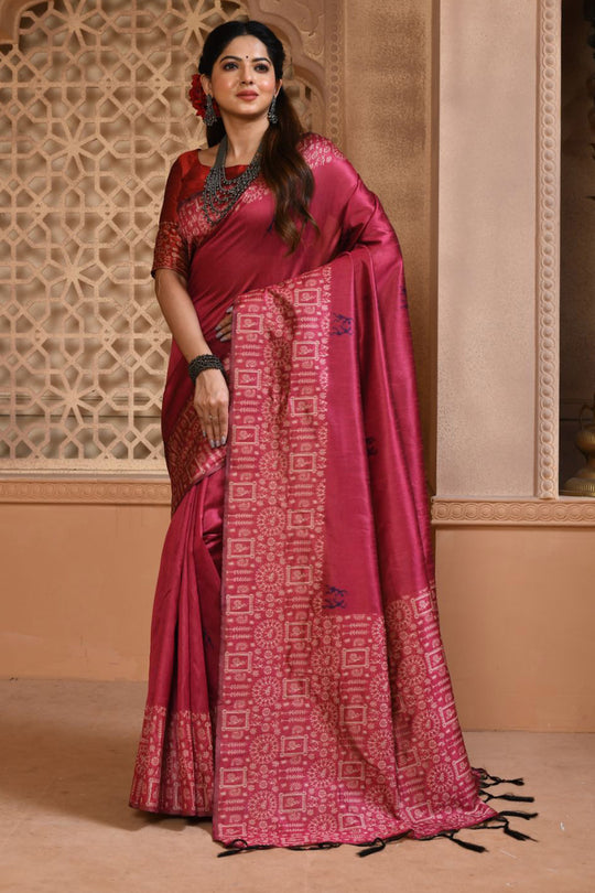 Pink Raw Silk Saree With Blouse Piece
