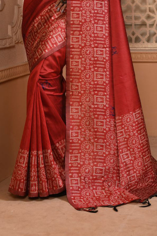 Red Raw Silk Saree With Blouse Piece