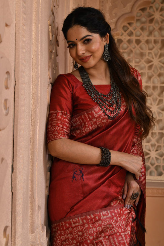 Red Raw Silk Saree With Blouse Piece