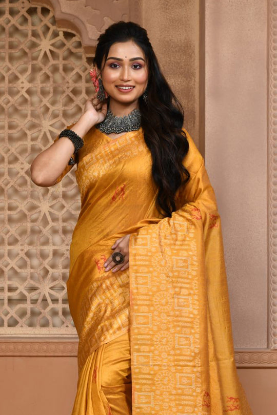 Yellow Raw Silk Saree With Blouse Piece