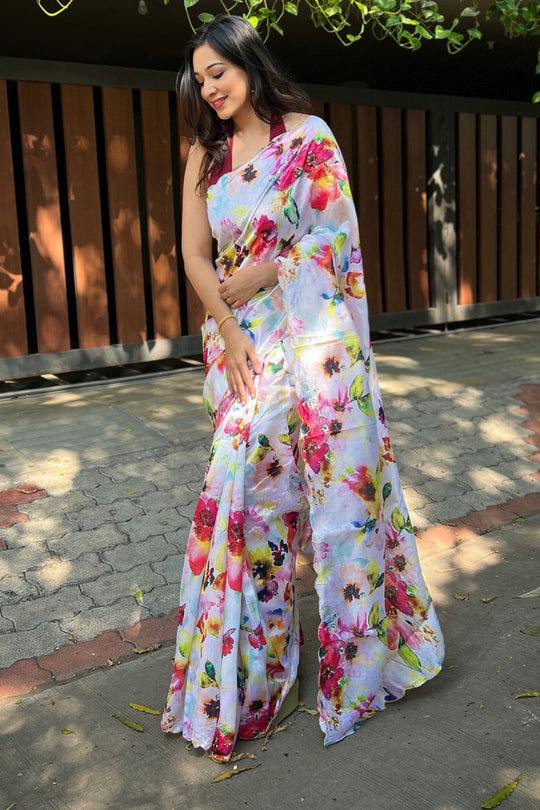 White Organza Saree with Maroon Blouse Piece