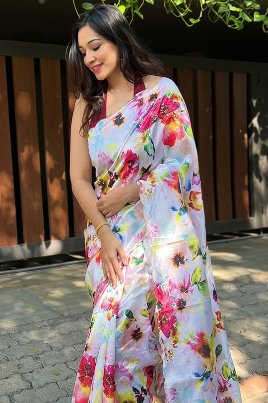 White Organza Saree with Maroon Blouse Piece