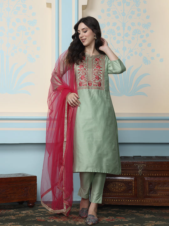 Green Floral Yoke Design Thread Work Kurta With Trousers & Dupatta