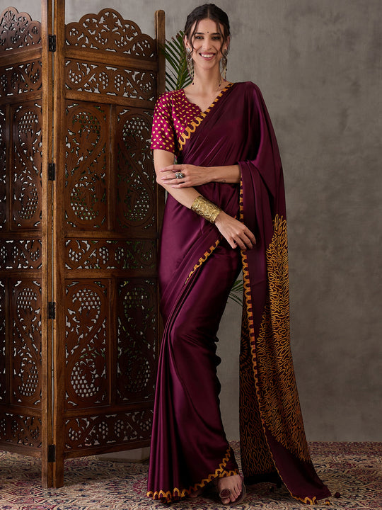 Wine Semi Modal Saree With Blouse Piece