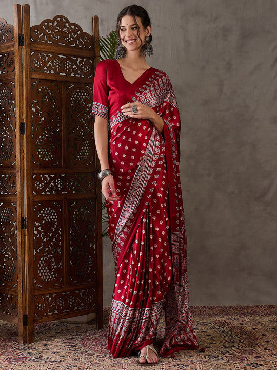 Red Semi Modal Saree With Blouse Piece