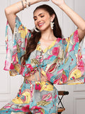 Floral Printed Tie Up Top With Palazzo