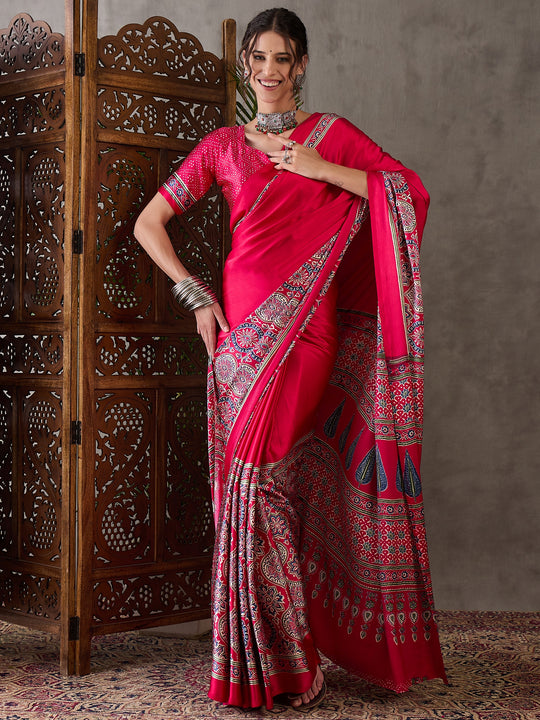Pink Semi Modal Saree With Blouse Piece