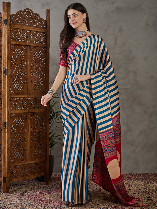 Blue Semi Modal Saree With Blouse Piece