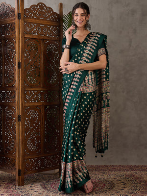 Bottle Green Semi Modal Saree With Blouse Piece