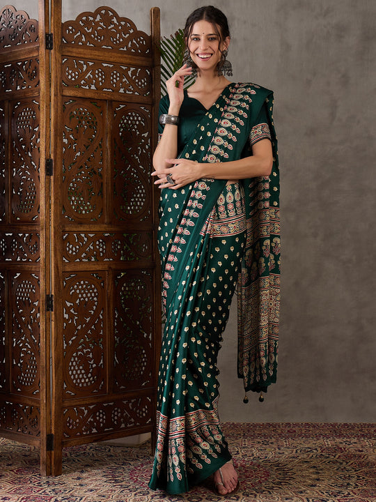 Bottle Green Semi Modal Saree With Blouse Piece
