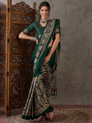 Green Semi Modal Saree With Blouse Piece