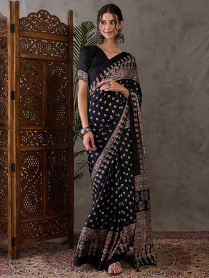Black Semi Modal Saree With Blouse Piece