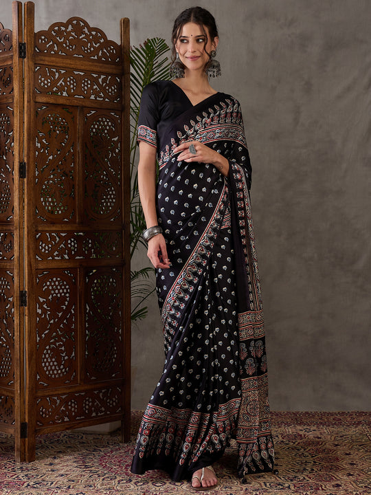 Black Semi Modal Saree With Blouse Piece