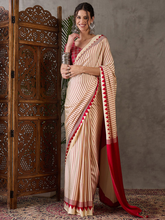 Cream Semi Modal Saree With Blouse Piece