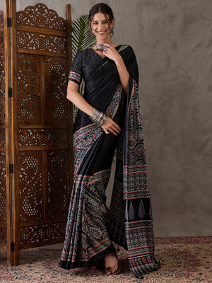 Black Semi Modal Saree With Blouse Piece