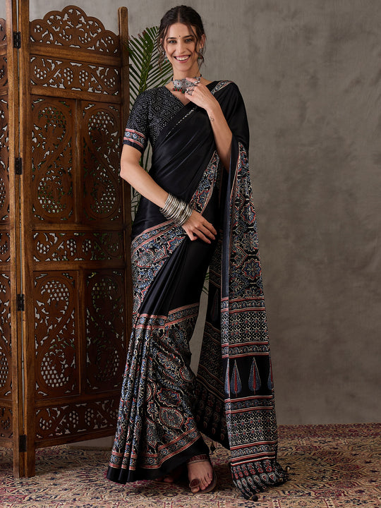 Black Semi Modal Saree With Blouse Piece