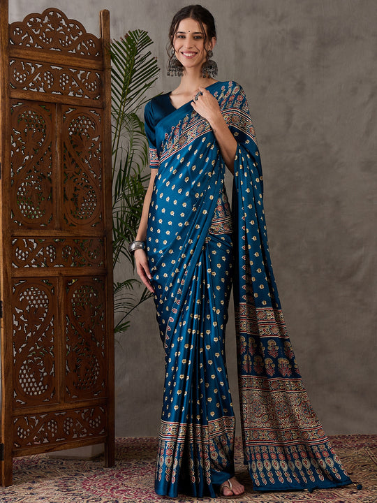 Rama Semi Modal Saree With Blouse Piece