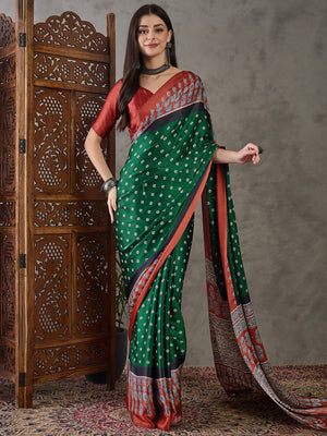 Green Semi Modal Saree With Blouse Piece
