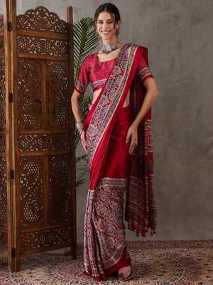 Red Semi Modal Saree With Blouse Piece