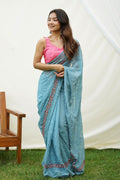 Blue Georgette Saree with Pink Blouse Piece