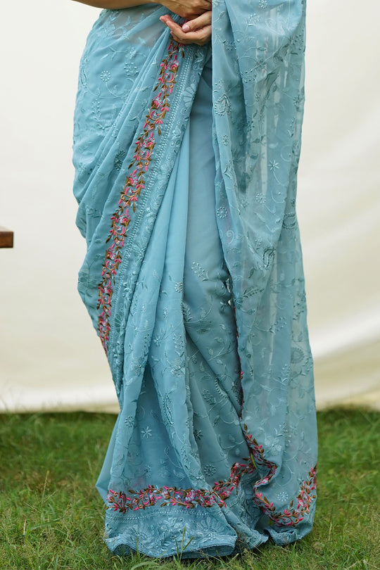 Blue Georgette Saree with Pink Blouse Piece