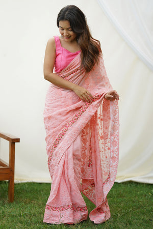 Peach Georgette Saree with Pink Blouse Piece