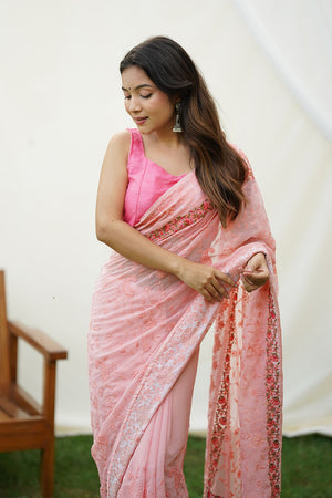 Peach Georgette Saree with Pink Blouse Piece