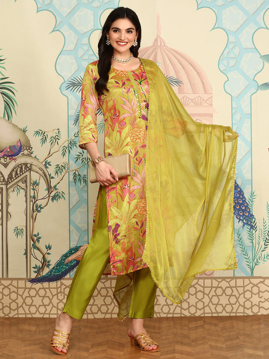 Yellow Floral Printed Straight Kurta With Trousers & Dupatta