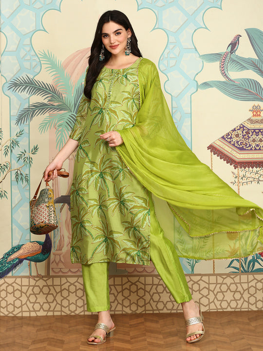 Floral Printed Regular Three-Quarter Sleeves Kurta with Trousers & With Dupatta
