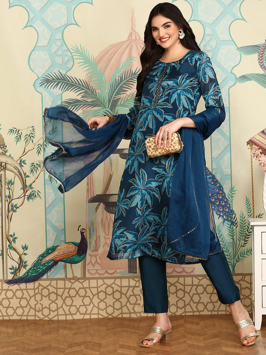 Navy Blue Floral Printed Beads And Stones Straight Kurta With Trousers & Dupatta