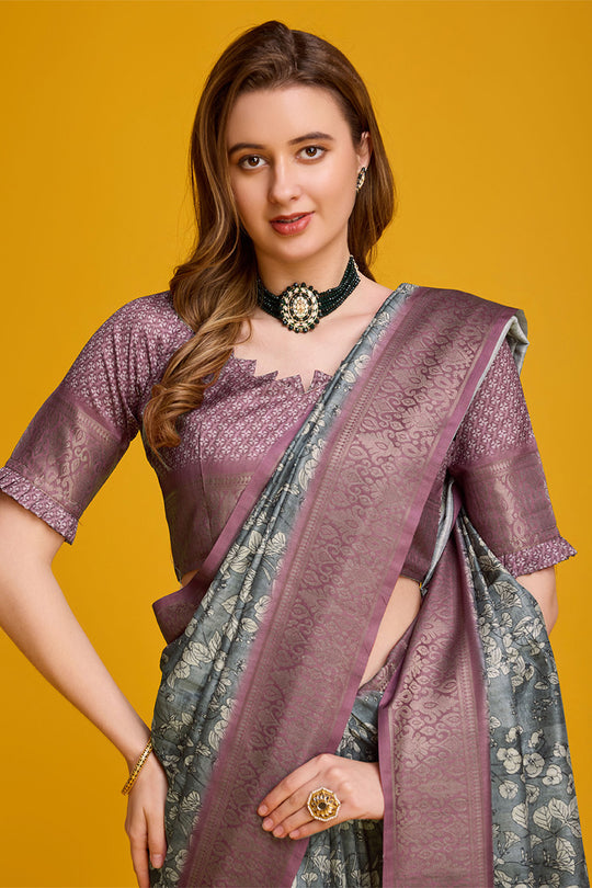 Grey Cotton Silk Saree With Blouse Piece