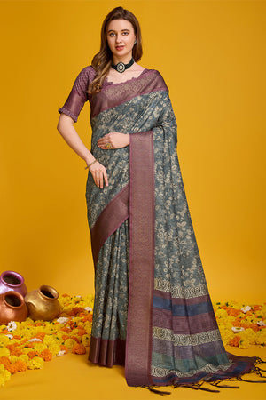 Grey Cotton Silk Saree With Blouse Piece