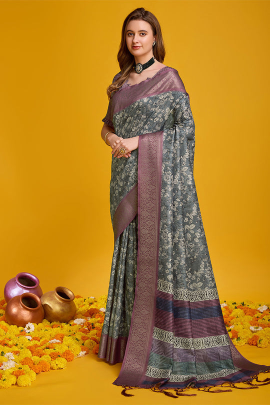 Grey Cotton Silk Saree With Blouse Piece