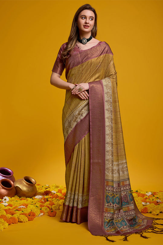 Yellow Cotton Silk Saree With Blouse Piece