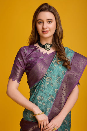 Sea Green Cotton Silk Saree With Blouse Piece