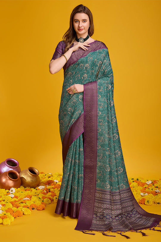 Sea Green Cotton Silk Saree With Blouse Piece