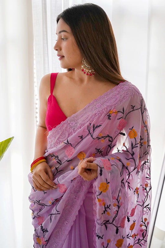 Lavender Georgette Saree With Blouse Piece