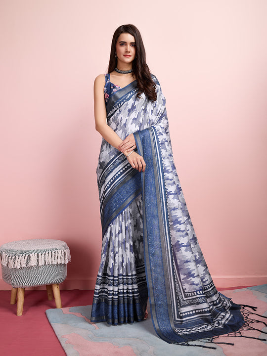 Silver Silk Blend Daily Wear Saree With Blouse Piece